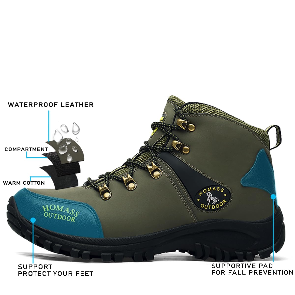 HOMASS Men's work boots Waterproof Hiking Boots,thermal Leather Ankle Snow Boots for Outdoor Climbing, Trekking, Backpacking, and Trekking (Green，10