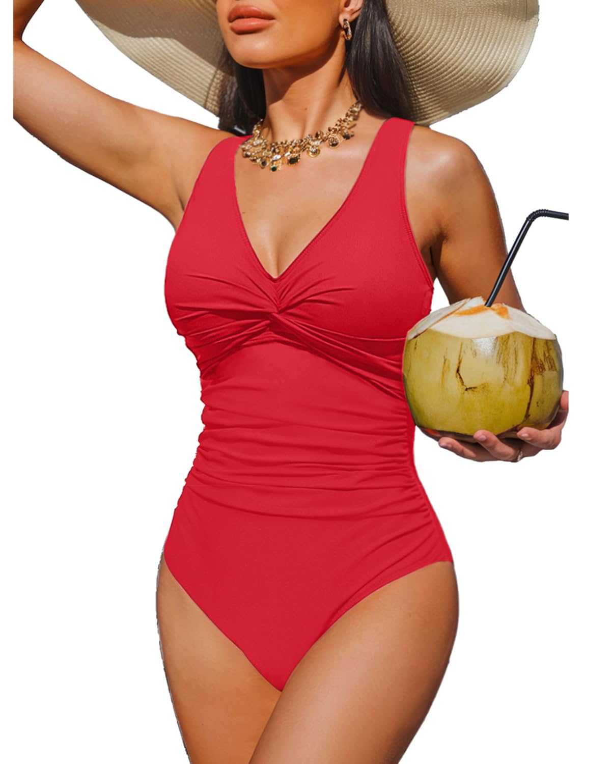 Red Tummy Control One Piece Swimsuit Full Coverage Bathing Suit M