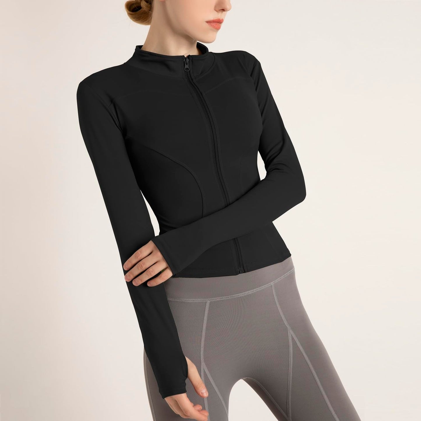 Ncvtang Women's Cropped Lightweight Stretchy Running Track Jackets Full Zip Slim Fit Athletic Tops with Thumb Holes(Black,S)