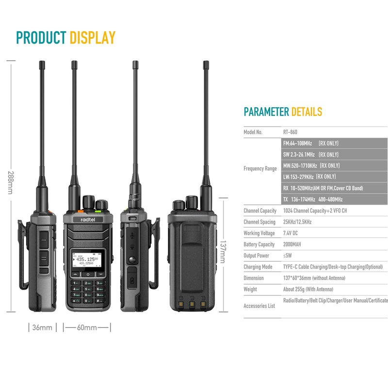 Radtel RT-860 Multi Band Ham Radio HF UHF VHF Dual Band with AM USB LSB CW CB LW MW SW SSB Reception, 1024 Channels, 2000mAh Battery, Type-C Charging (Without SW/MW Antennas)