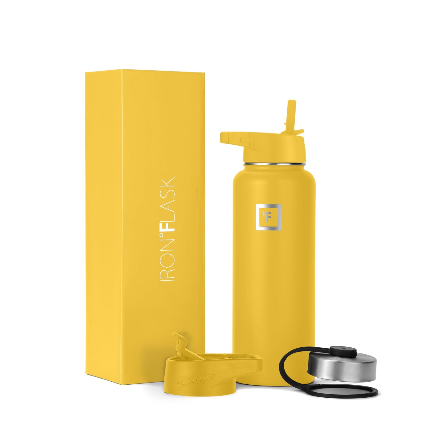 IRON °FLASK Sports Water Bottle - Wide Mouth with 3 Spout Lids - Stainless Steel Gym & Outdoor Bottles for Men, Women & Kids - Double Walled, Insulated Thermos, Metal Canteen - Honey Yellow, 40 Oz