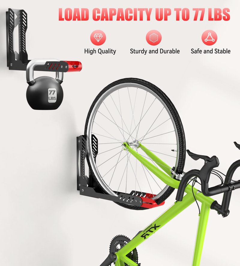 ALIXUEQIN Swivel Bike Wall Mount 2 Pack Bike Rack for Garage, No Heavy Lifting Required Wall Bike Hangers Can Holds up to 77 lbs (Black & Red)
