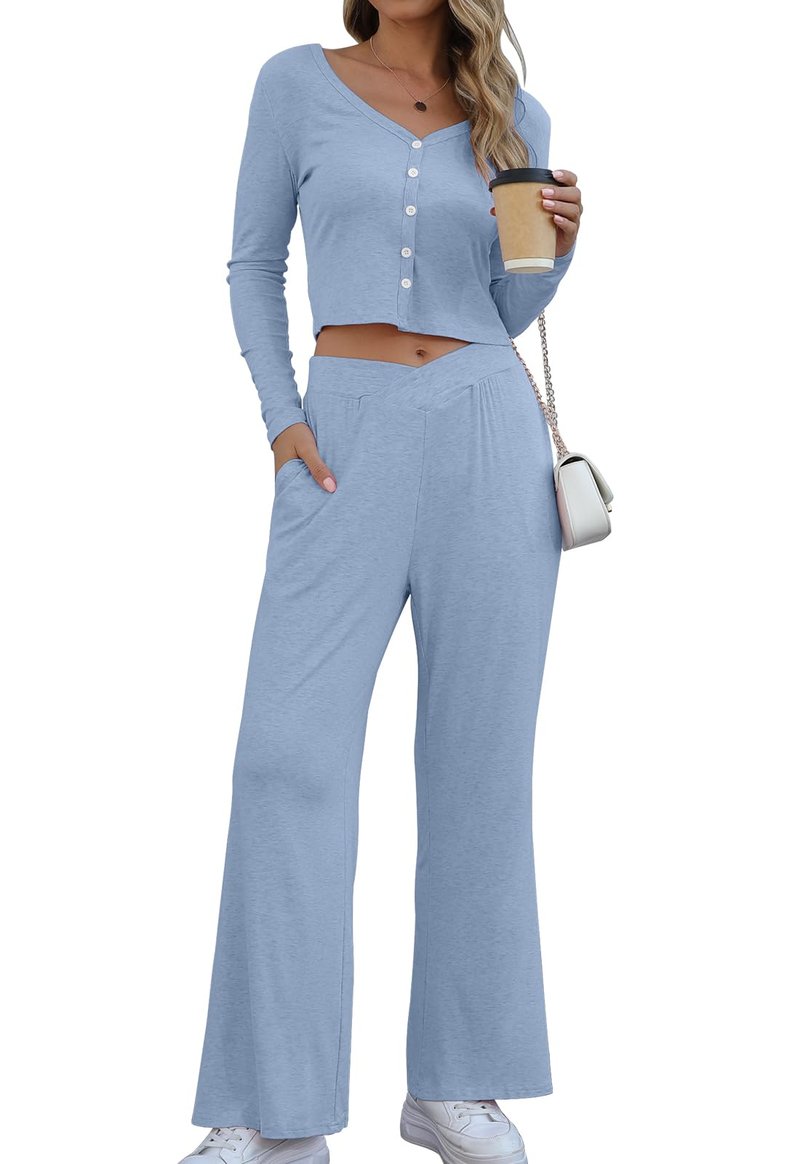 YUNDAI Womens 2 Piece Outfits V Neck Casual Fall Long Sleeve Top Tracksuits Pant Lounge Sets with Pocket
