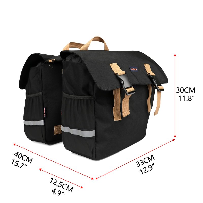 TOURBON Black Bike Bag Panniers 24L Bicycle Rear Rack Saddlebag With Reflective Stripe