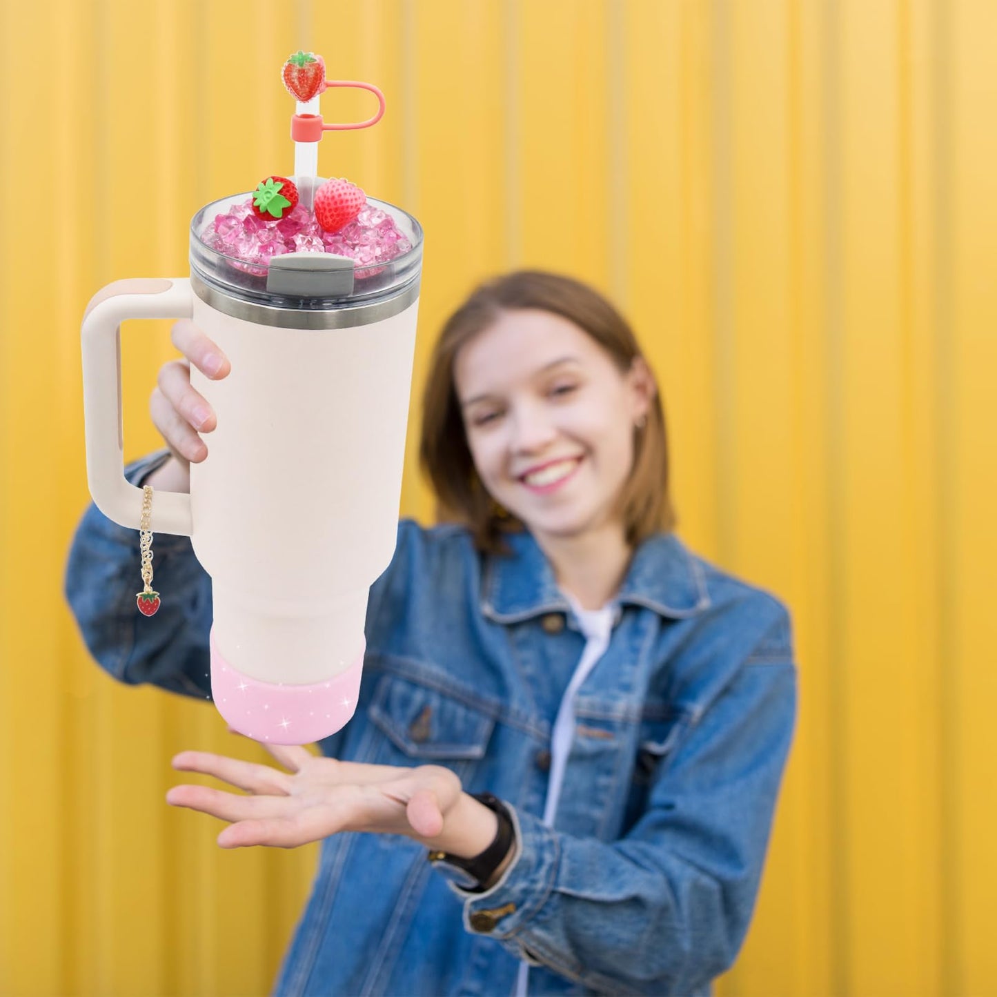 Cup Lid Topper Decoration for Stanley 40 oz，Including Silicone Boot, Silicone Straw Topper Cover Cap, Lid Charms，Cup Chain - Cute Strawberry Decoration Accessories