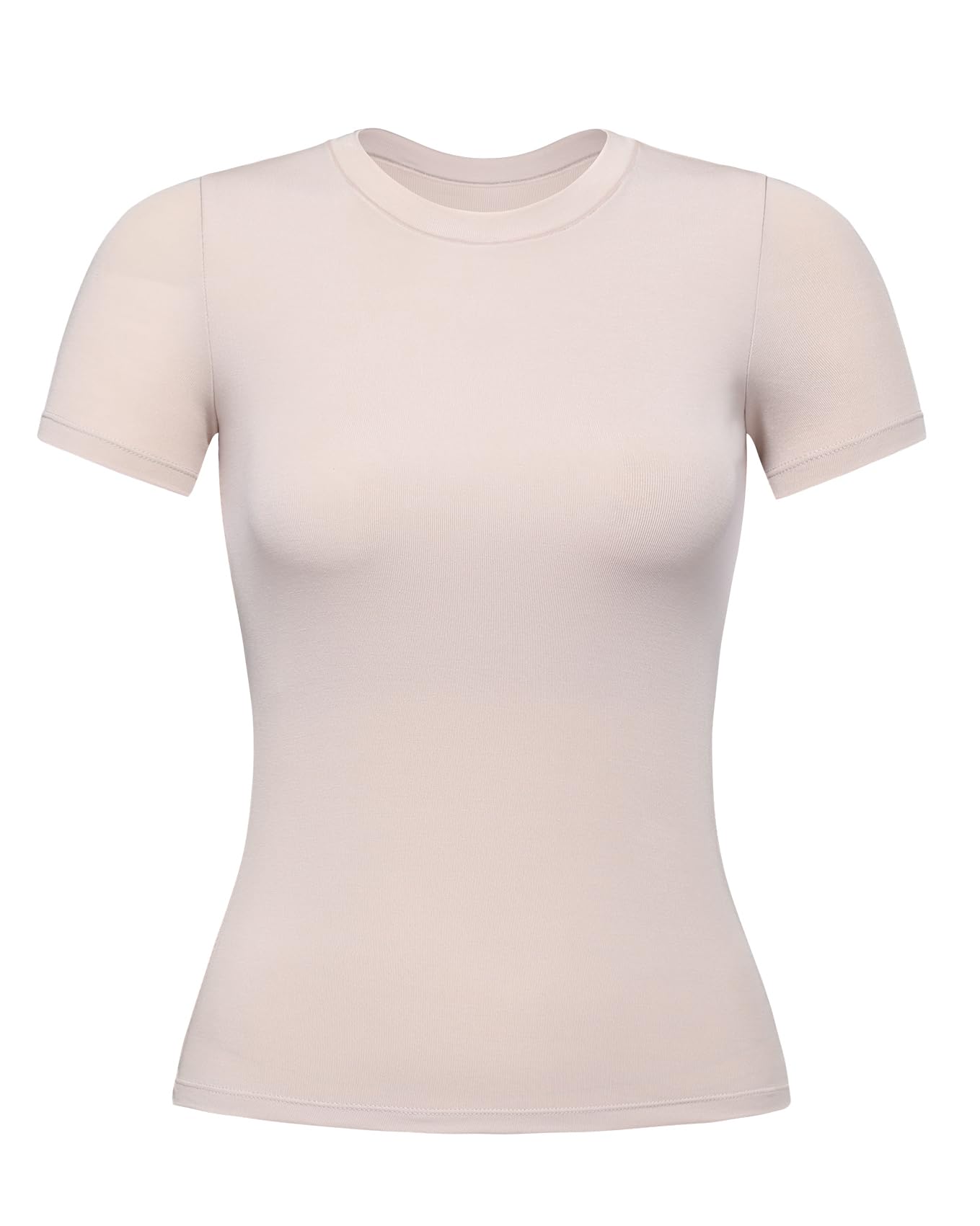 AUROLA Everyday Fitted T-Shirt for Women,Crew Neck Basic Short Sleeves T ShirtCrop Tops Modal Slim Fit Tee (Begei,S)