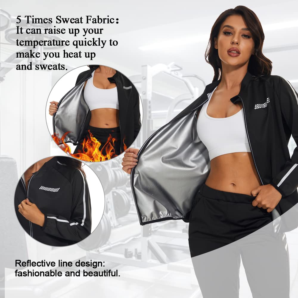 LAZAWG Sauna Suit for Women Zipper Fitness Slimming Long Sleeve Workout womens Body Shaper Jacket Running Exercise Gym