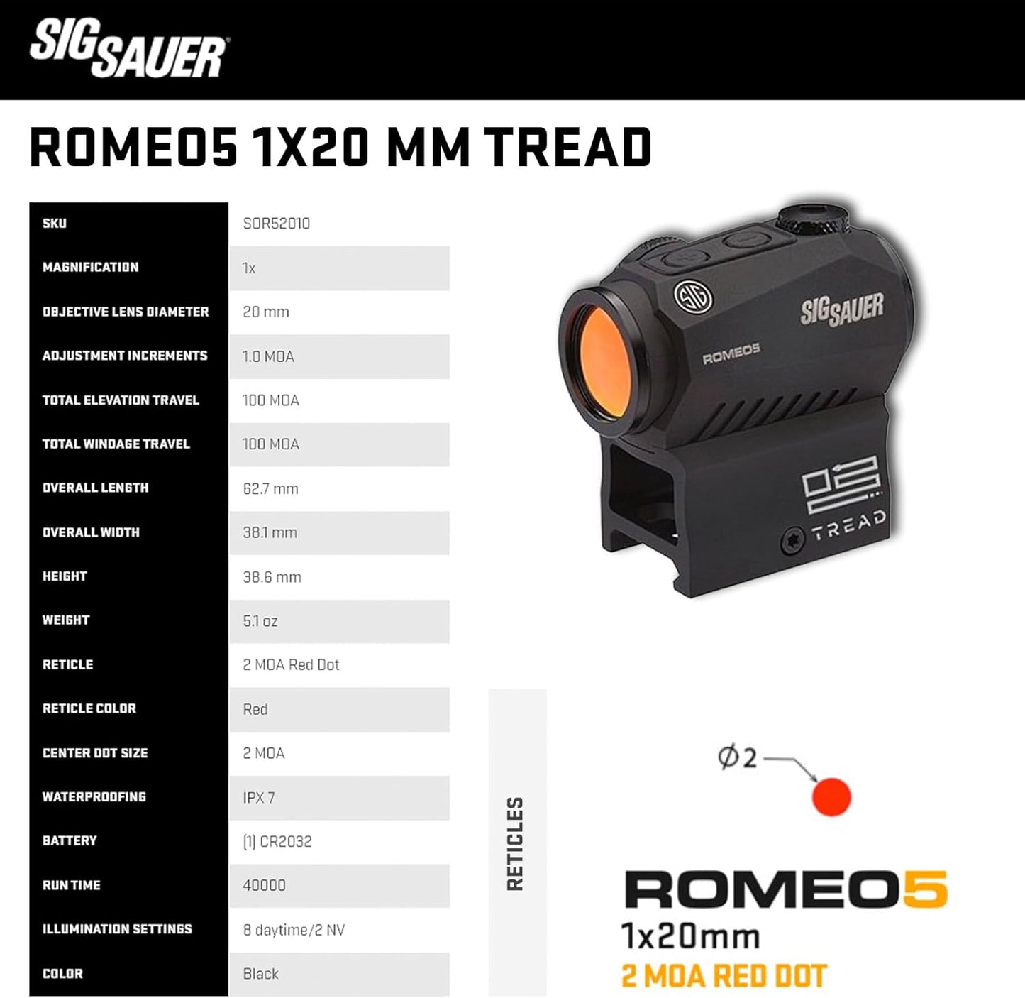 SIG SAUER Romeo5 Red Dot Sight - 1x20mm Waterproof & Fog-Proof Compact 2 MOA for M400 Tread
