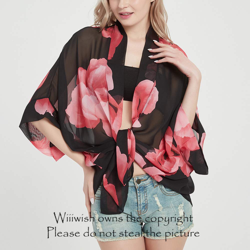 Womens Bohemian Floral Sheer Chiffon Kimono Beach Bikini Cover up Cardigan Capes Tunic