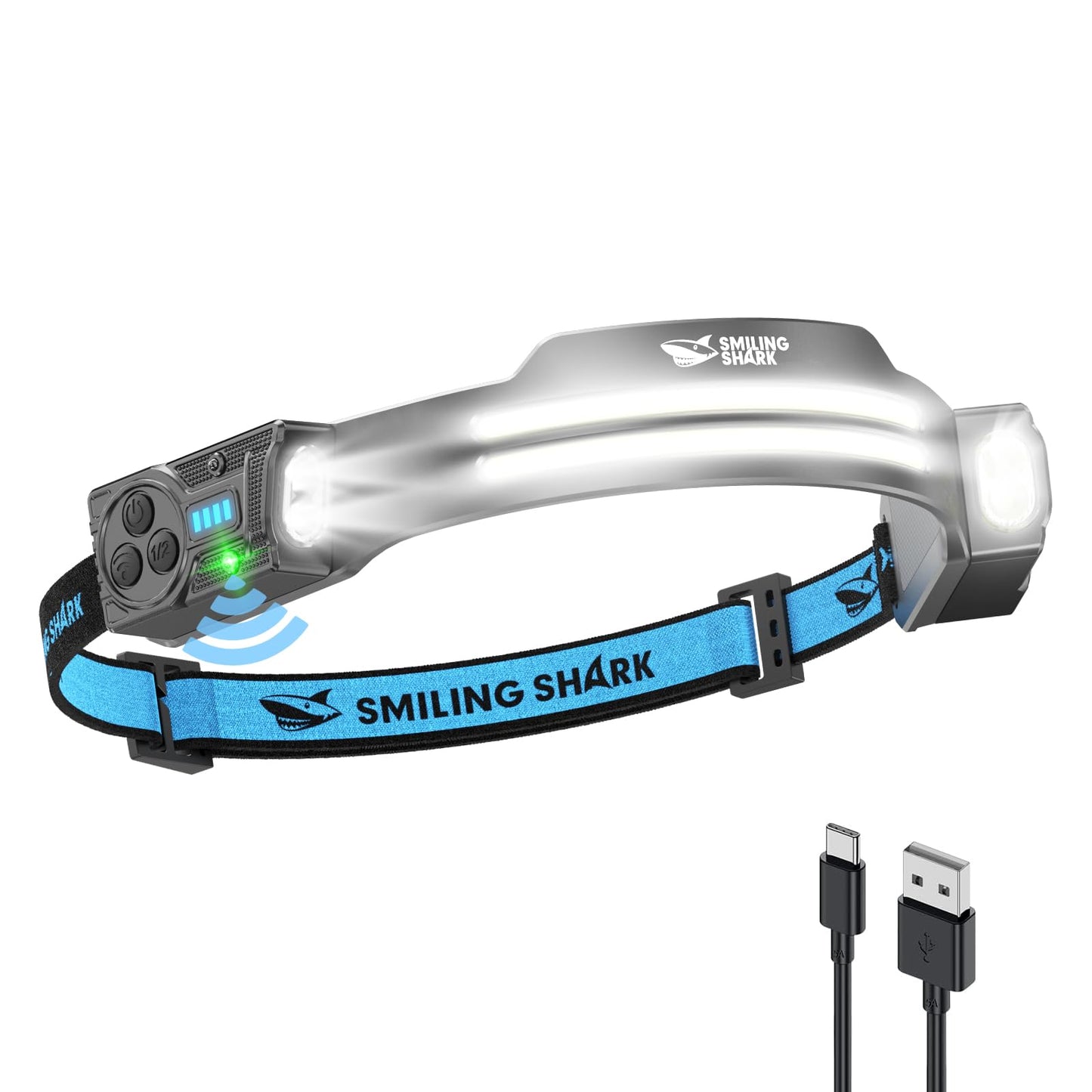Smiling Shark TS-2 Headlamp, Dual Spotlight with Floodlight & Strobe LED Head Torch Rechargeable 2400mAh Long-Lasting Hands-Free Design for Camping Hiking Running Jogging (1 Pack)