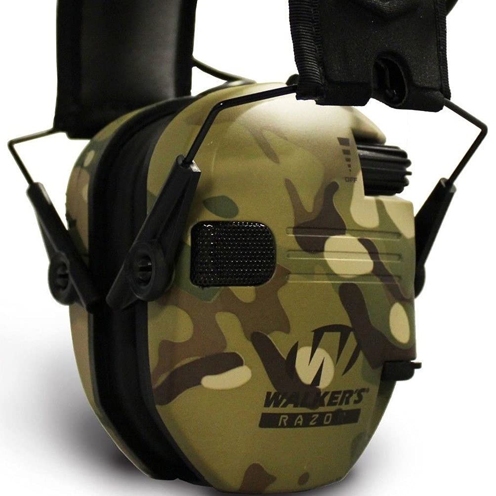 Walker's Razor Slim Shooter Multi-Camo Electronic Hunting Folding Hearing Protection Earmuffs w/ 23dB Noise Reduction & Black Shockproof Carrying Case