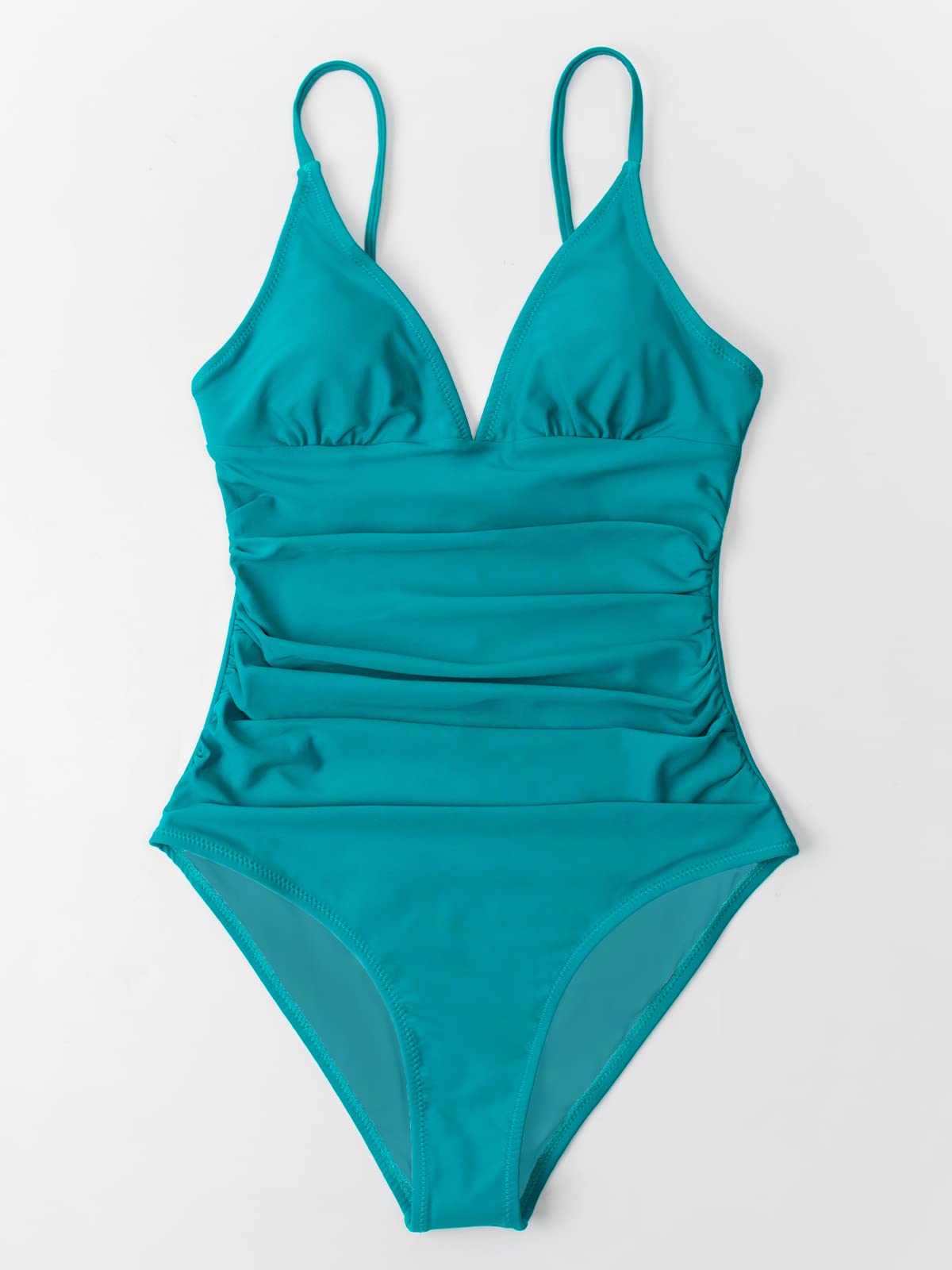 CUPSHE Womens Swimwear Teal Shirring Design V-Neck Low Back One Piece Swimsuit, X-Large