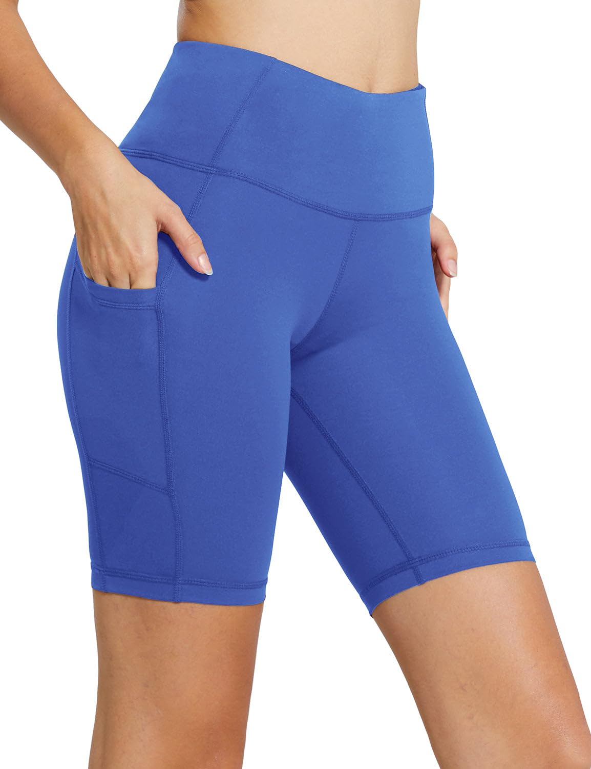 baleaf Biker Shorts Women Yoga Gym Workout Spandex Running Volleyball Tummy Control Compression with Pockets 8" Earth Blue L