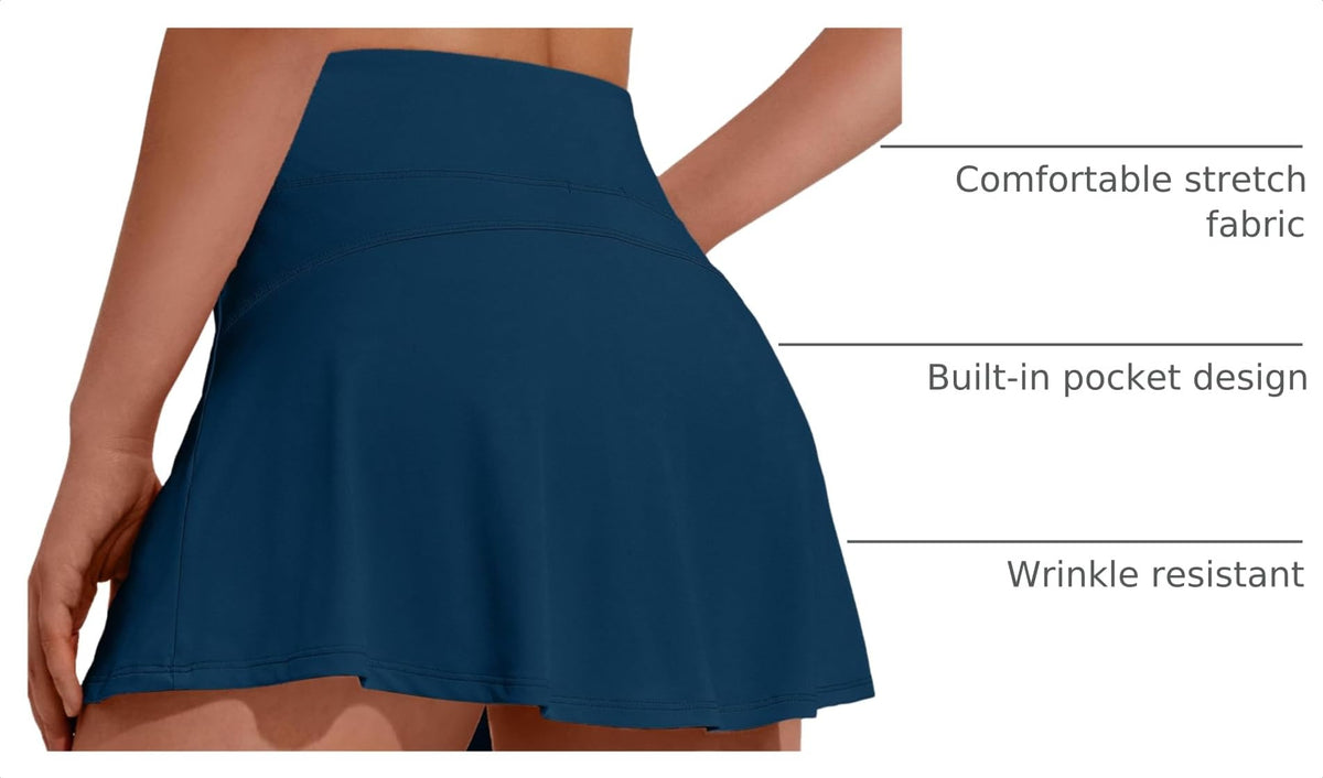 PINSPARK Tennis Skirts for Women Workout Golf Skorts Pleated High Waisted Athletic Skirt with Pockets,Dark Blue X-Small
