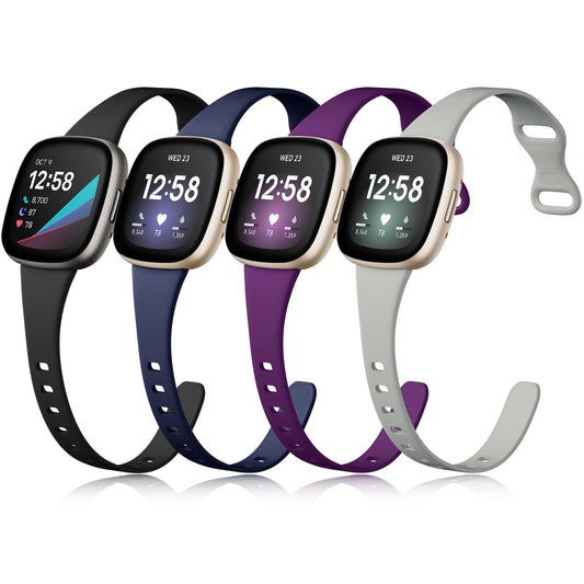 Getino Compatible with Fitbit Versa 4/ Versa 3 Bands/Sense 2/ Sense Bands Women Men, Silicone Sport Soft Accessories, Slim Band for Versa 3/ Versa 4/ Sense/Sense 2 Watch, Small Black/Navy/Plum/Gray