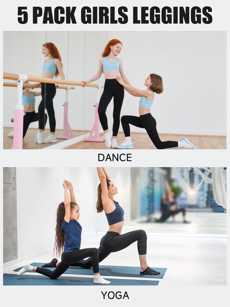 Celfaeree 5 Packs Girls Athletic Leggings Kids Yoga Pants with Pockets High Waist Leggings Yoga Dance Workout Running 5Black L