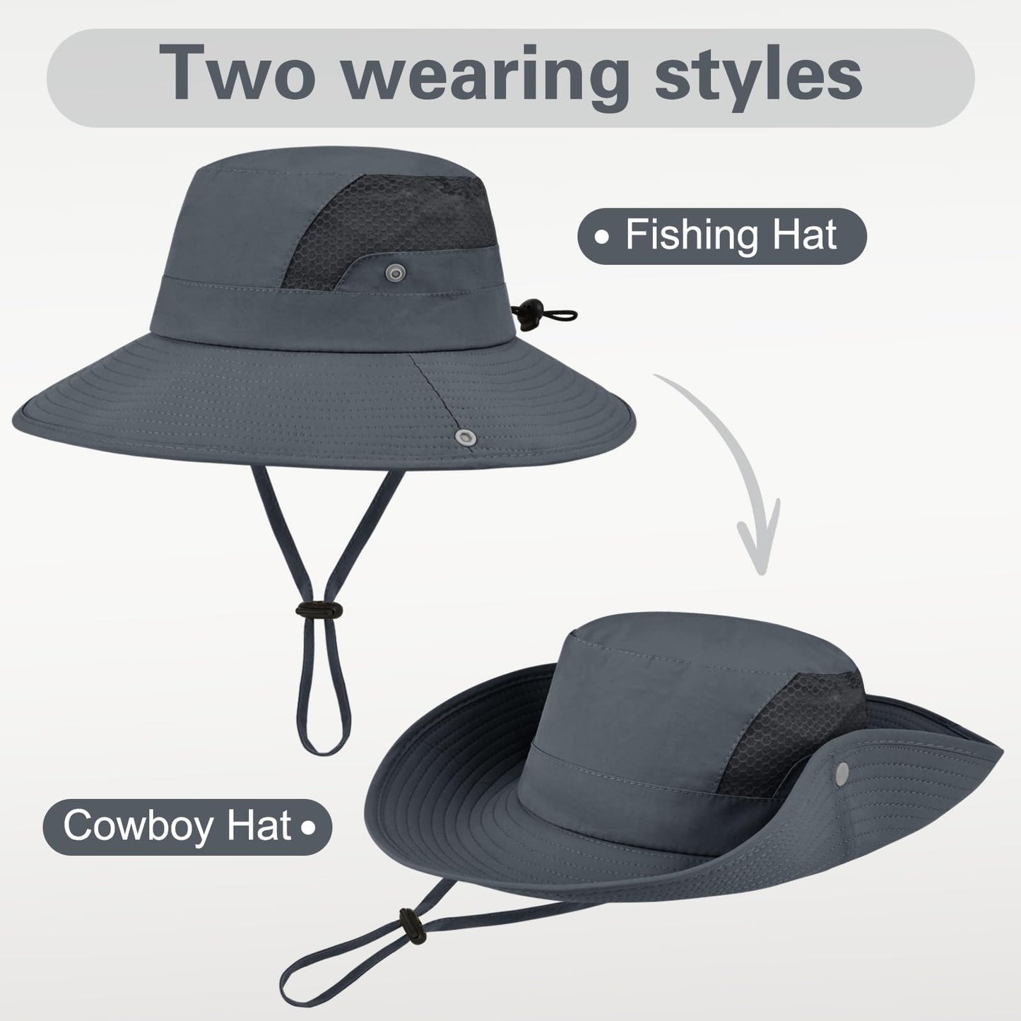 Sun Hat for Men Women UV Protection Wide Brim Fishing Hats Breathable UPF 50+ Waterproof Boonie Bucket Hats Beach Safari Hiking Garden Dark Grey
