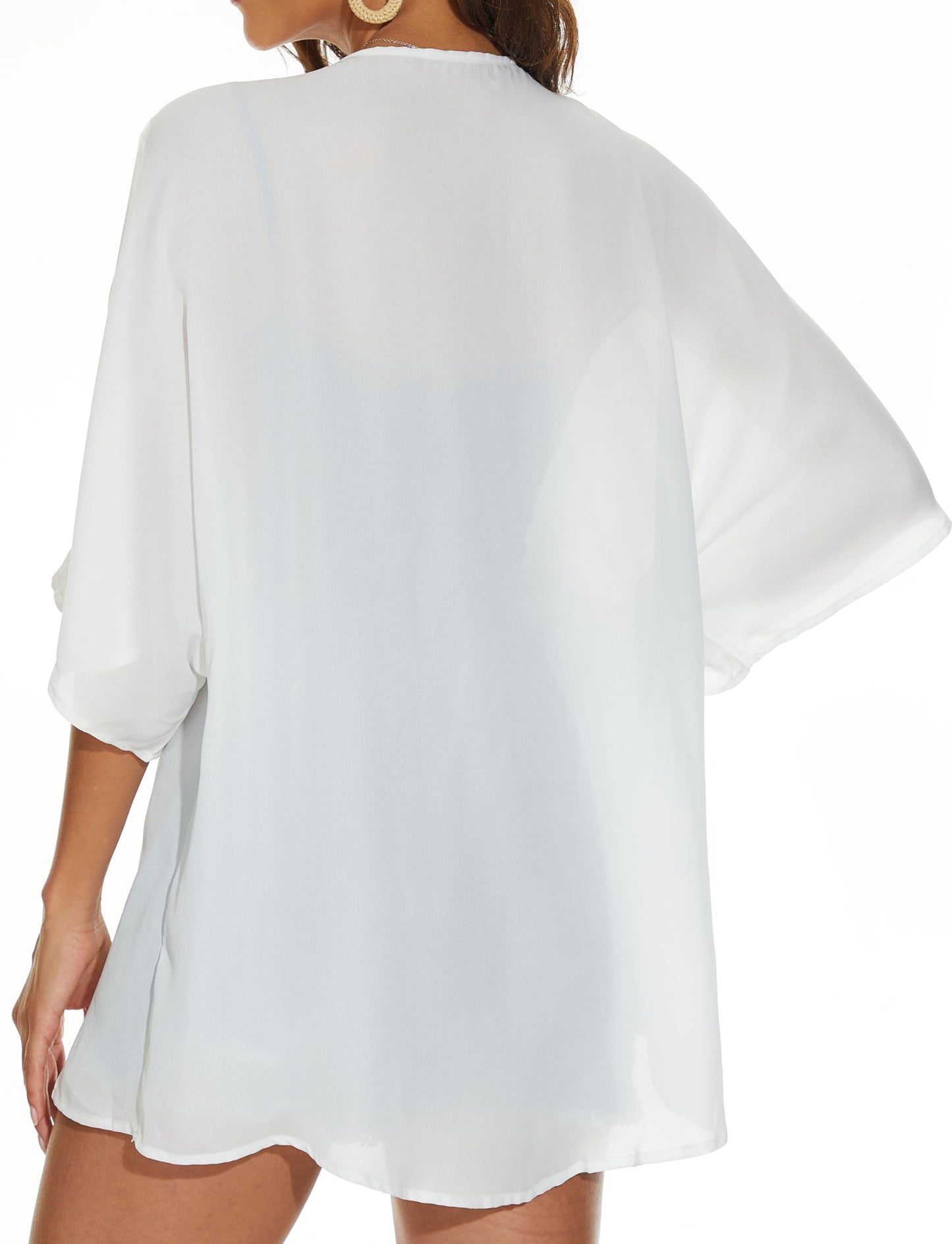 Women Summer Tops Kimono Cardigans Sheer Beach Cover Ups Chiffon Open Front Shirts （White,4XL