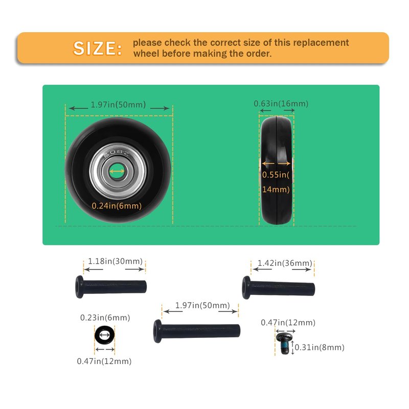 Luggage Suitcase Replacement Wheels 1.97inch(50mm) Diameter 8 Pcs 0.55inch(14mm) Thickness Wheel with 3 Sizes Axle Wear-Resistant Mute Rubber Swivel Caster Repair Kits for Trolley Bag Travel Box