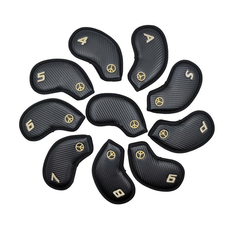 Golf Iron Covers 10pcs Set Cool Techiness Carbon Texture Numbers Embroidered Compact Fit Blade-Style Golf Irons Durable Precision Golf Club Head Covers