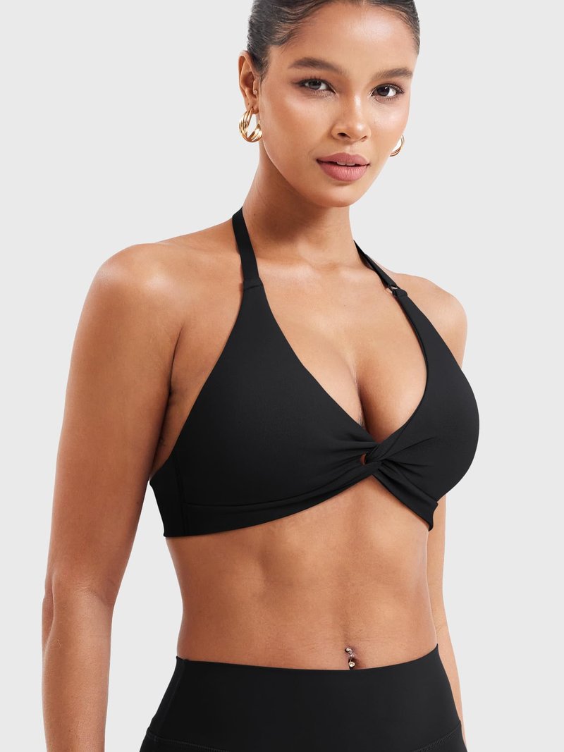 YEOREO Halter Sports Bras for Women Low Impact Removable Padded Adgustable Front Twist Deep V Bra Seamless Workout Gym Crop Tops Black M