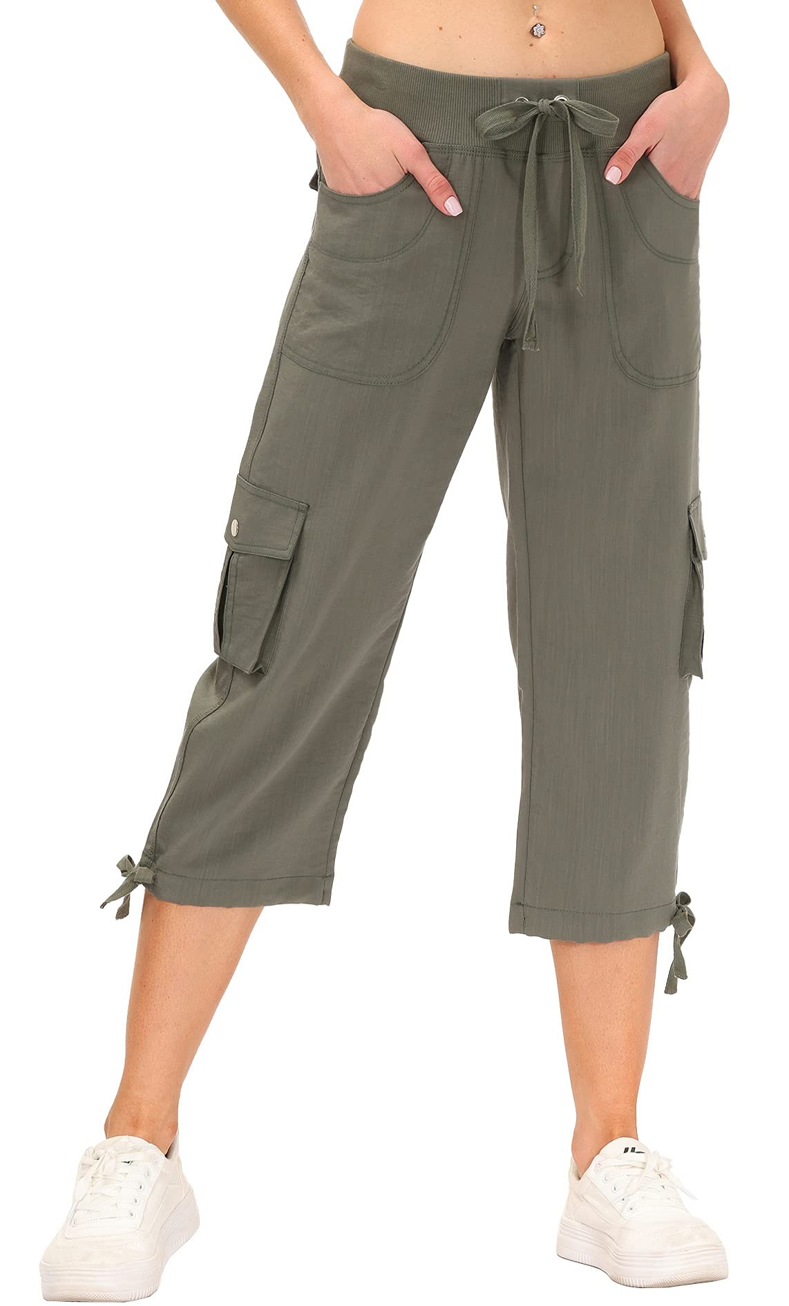 MoFiz Women's Cargo Capris Hiking Pants Lightweight Quick Dry Running Outdoor Casual Shorts Button Pockets UPF 50+ Army Green XL