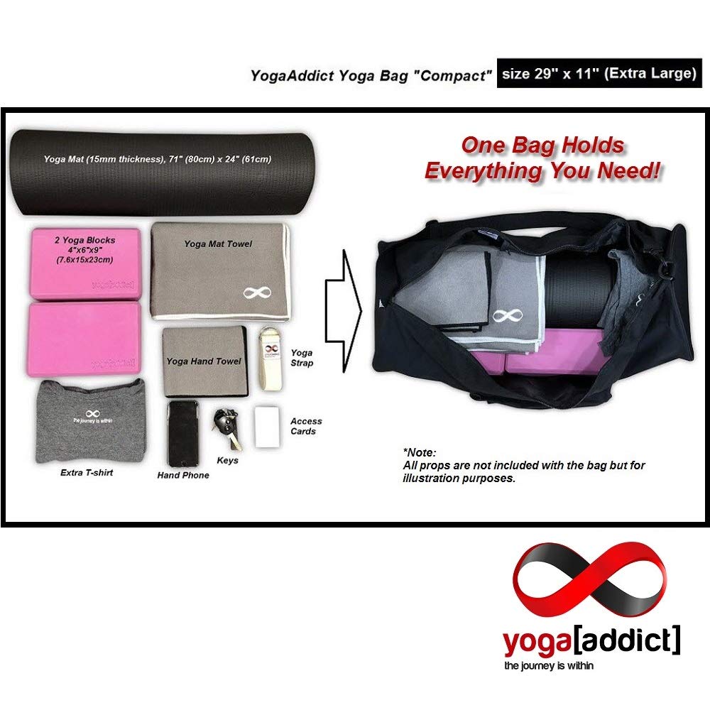 YogaAddict Yoga Mat Bag (Extra Large) 'Compact' With Pocket, Fit 15mm Yoga Mat Size, 29" Long, Easy Access - Black