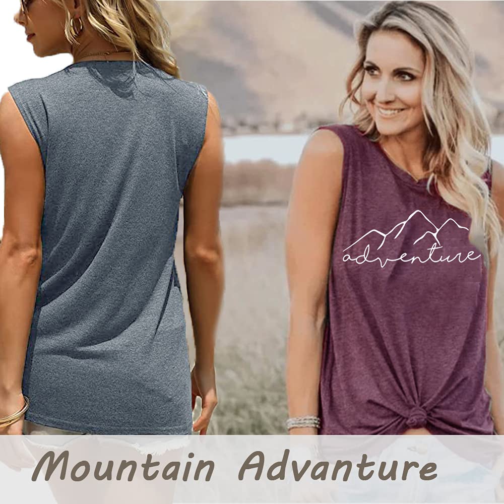 Women's Camping Hiking Sleeveless Mountain Adventure Graphic Tees Shirt Funny Letter Printed Vintage Tank Tops, Purple M