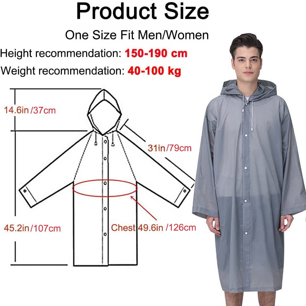 Rain Ponchos for Adults Reusable, 2 Pcs Raincoats for Women Men with Hood (E-Gray)