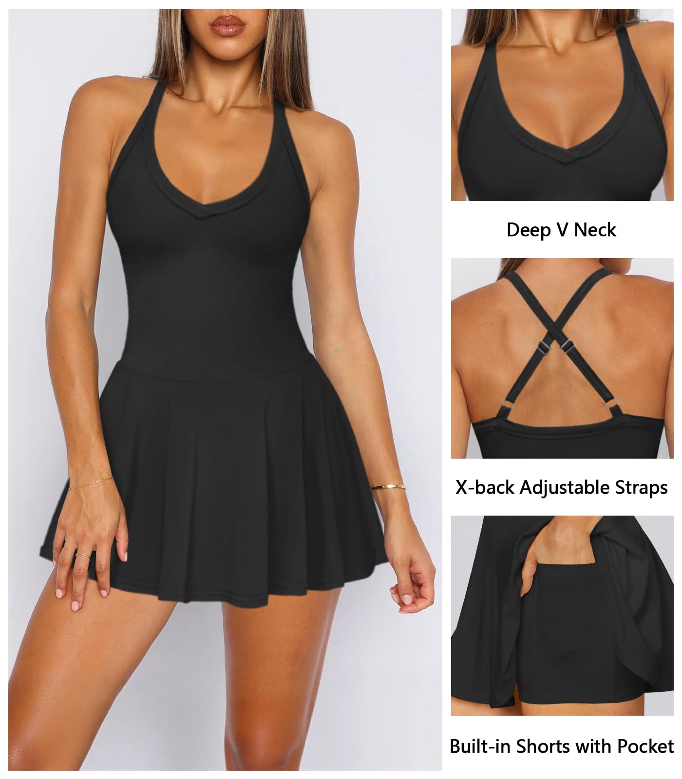 Hragc Women's Sexy V Neck Pleated Flowy Tennis Black Dress for Women Medium Athletic Golf Workou Active Summer Sleeveless Tank Mini Dresses with Shorts Pockets
