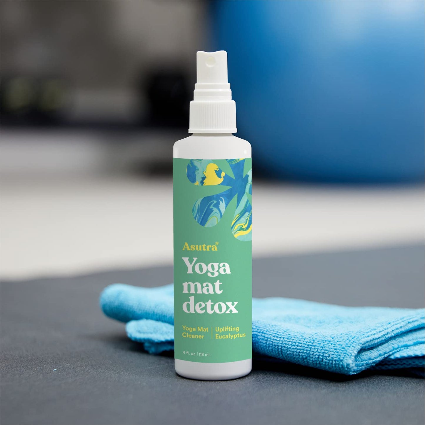 ASUTRA Yoga Mat Cleaner Spray (Uplifting Eucalyptus), 4 fl oz - No Slippery Residue, Organic Essential Oils, Deep-Cleansing for Fitness Gear & Gym Equipment, Microfiber Towel Included