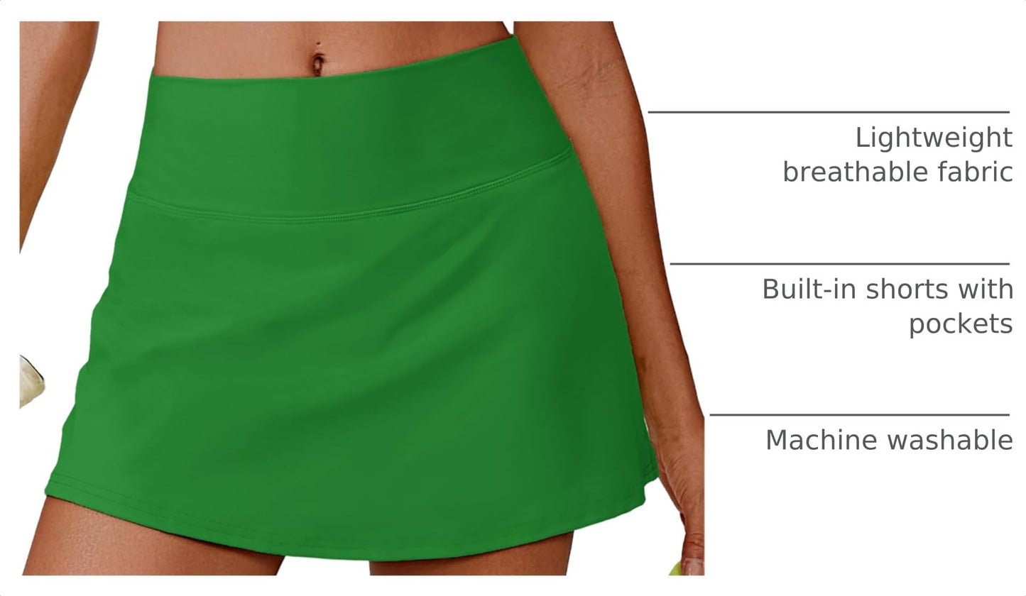PINSPARK Women Tennis Skirts High Waisted Athletic Skorts Quick Dry Golf Skirt Lightweight Workout Skort with Pockets Shorts, Green Large