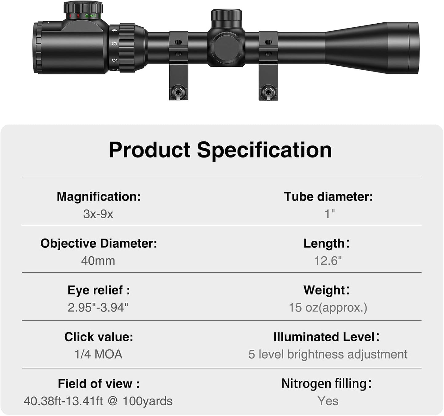 CVLIFE 3-9x40 Rifle Scope - Red & Green Illuminated Optical Riflescope for Hunting | Mil-Dot Reticle, 20mm Picatinny