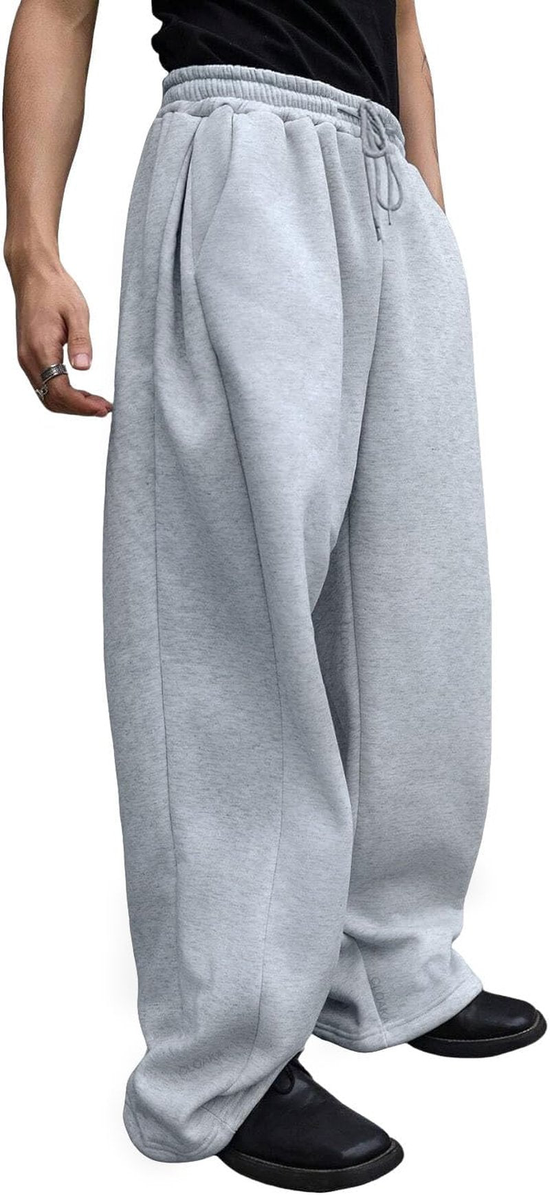 Drantren Men's Baggy Sweatpants Fashion Wide Leg Casual Sweat Pants Cotton Drawstring Stretch Joggers with Pockets Grey