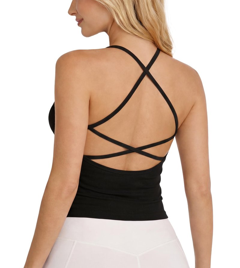 liuetssory Women's Workout Tank Tops with Built in Bras Criss Cross Strap Tank Backless Athletic Yoga Gym Tops Slim-fit Black