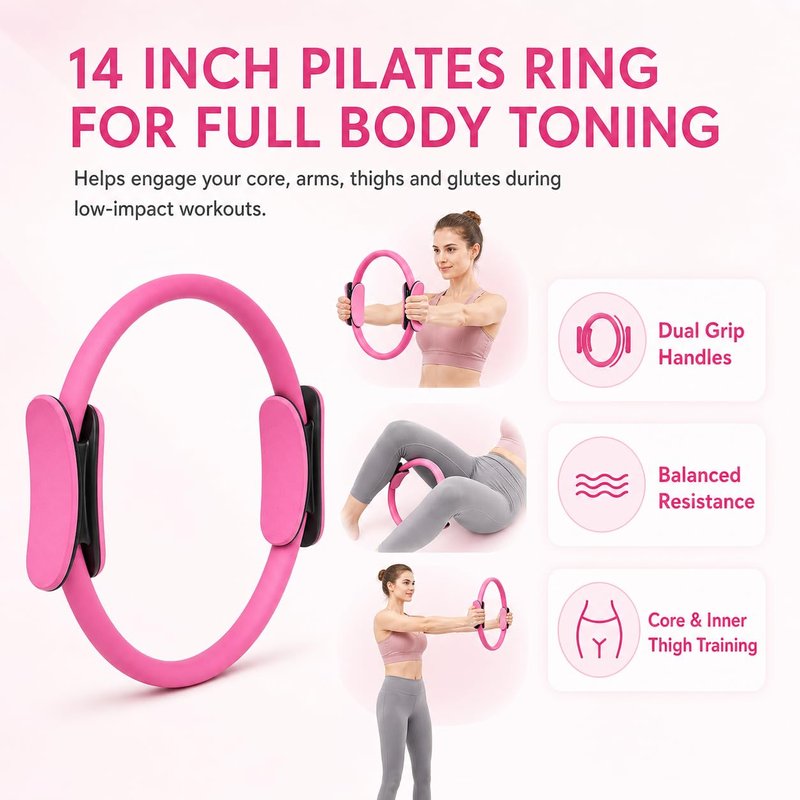 Kmjuix Pilates Kit for Women, 13 Piece Home Workout Starter Set with 14 Inch Ring, Mini Ball, 5 Resistance Bands, Yoga Socks, Stretch Strap and Carry Bag for Core Strength, Toning, Flexibility