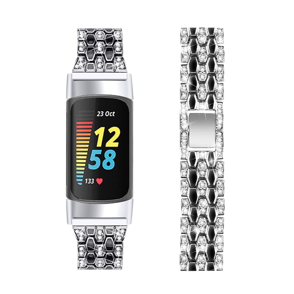 Bling Diamond Bracelet Compatible with Fitbit Charge 6/ Charge 5,Bands Metal Classy Stainless Steel Wrist Bands Waterproof Strap for Fitbit Charge 5 Band (Silver)
