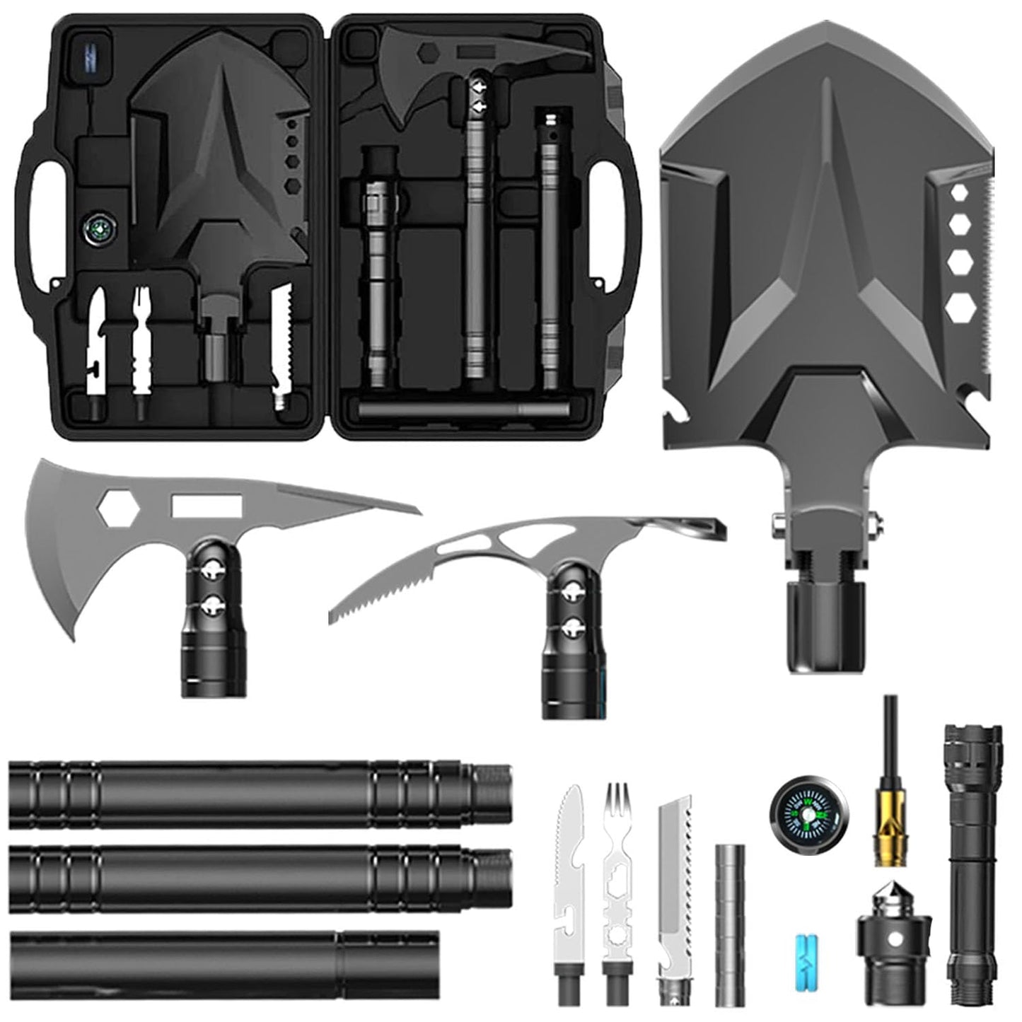 OnePX Folding Survival Shovel Set, Outdoor Multifunctional Camping Shovel Axe with Survival Kit, High Carbon Steel Tactical Shovels for Camping Emergency Hiking Backpacking