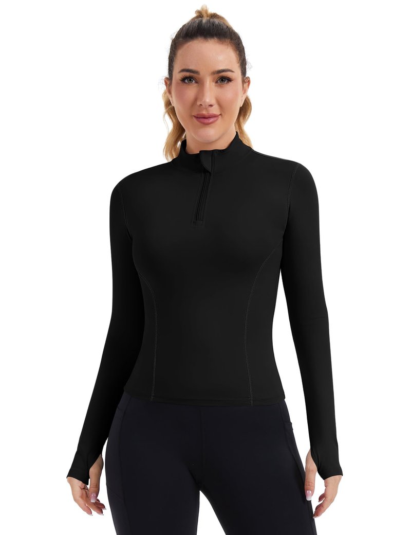 ZHENWEI Long Sleeve Workout Tops for Women Slim Fit BBL Jacket Quarter Zip Pullover Quick Dry Crop Running Jacket Athletic Gym Shirt (Black,L)