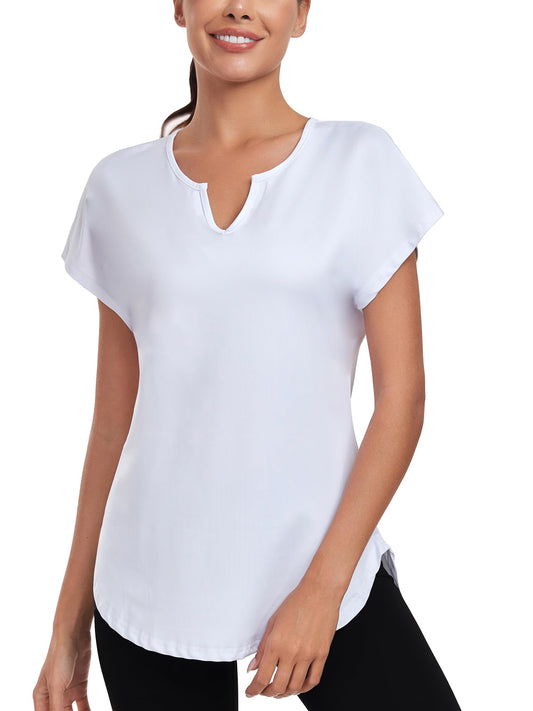 Absttith Tunic Workout Tops Women's Short Sleeve Sportt Shirts V Neck Exercise Yoga Tee Curved Hem White X-Large