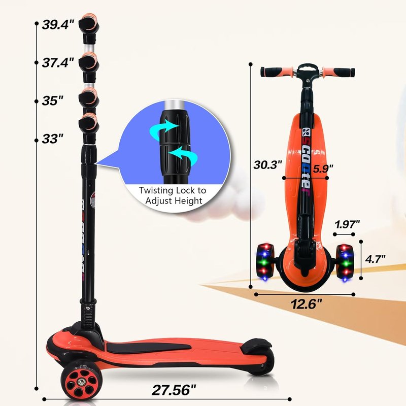3-Wheel Kick Scooter for Kids & Teens | Extra Wide Deck, 4 Adjustable Heights, Foldable Handlebar, LED Lights