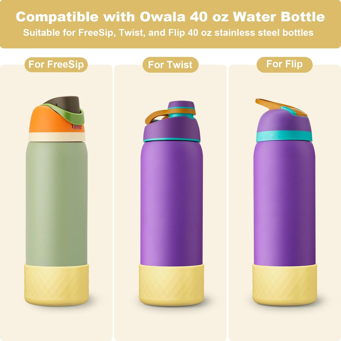 Alwenid 2PCS Silicone Water Bottle Boot for Owala 40 Oz, Anti-Slip Protective Sleeve Bottom Bumper Protector for FreeSip, Twist, and Flip Stainless Steel Water Bottles (Peach)