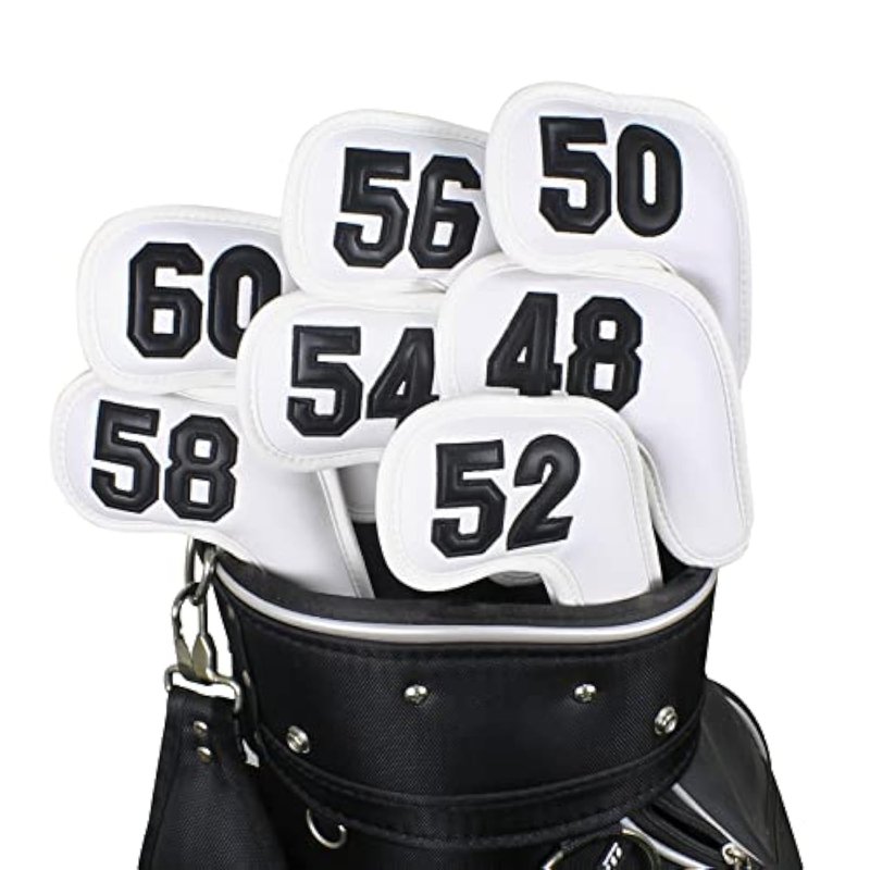Scott Edward Prof 7Pcs Leather Wedge Golf Iron Head Covers Protective Club Waterproof & Scratch Resistant 48 50 52 54 56 58 60 Degree (White Black Number)