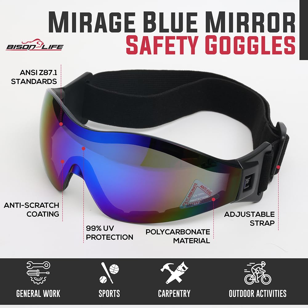 Mirage Vented Safety Goggles - UV Protection Eye Gear for Outdoor Activities | Blue Mirror, Adjustable Band, Dustproof