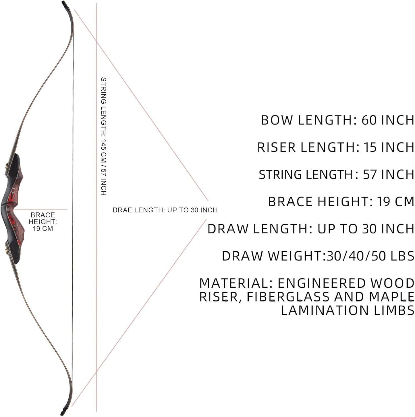 Recurve Bow and Arrow Set - 60'' Wooden Takedown Bow for Adults & Youth | Right Hand, 30/40/50lbs Options