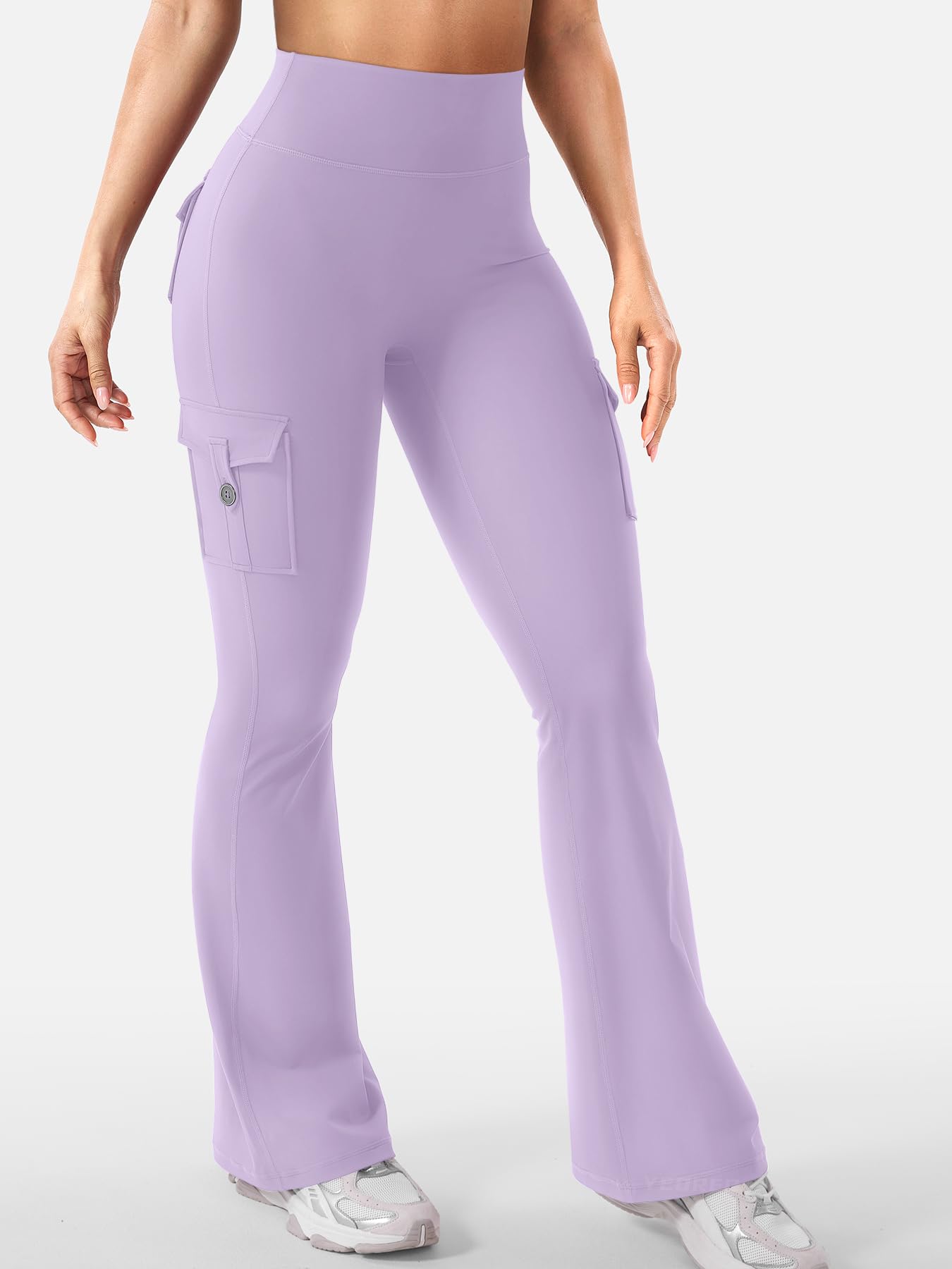 YEOREO CoreFlex Women Workout Flare Leggings with Pockets Hidden Scrunch High Waisted Cargo Gym Yoga Leggings Fog Purple XXL