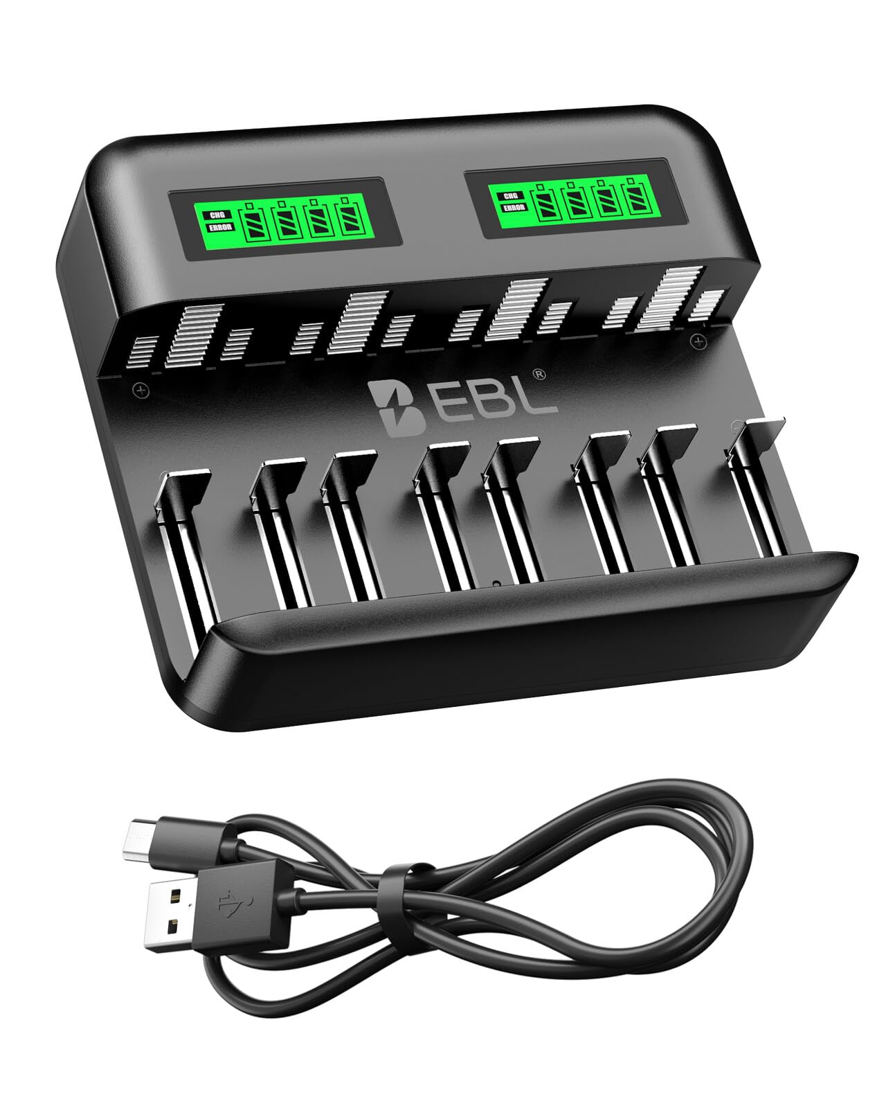 EBL LCD 8 Bay Battery Charger, AA AAA C D Rechargeable Battery Charger for Rechargeable Batteries Ni-MH AA AAA C D Batteries with Type C Input