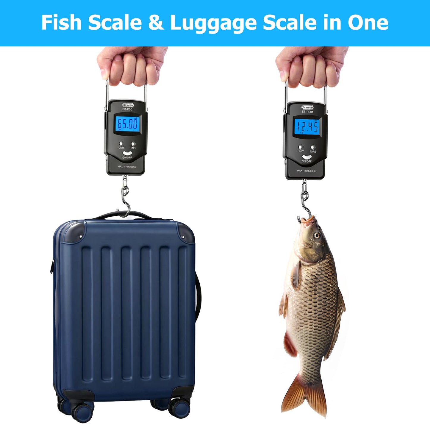 Dr.meter Fish Scale Luggage Scale Fishing Gear - 110lb/50kg Backlit LCD Display Digital Scale with Built-in Measuring Tape - Fishing Scale with 2 AAA Batteries, Pocket Size - Fishing Gifts for Men