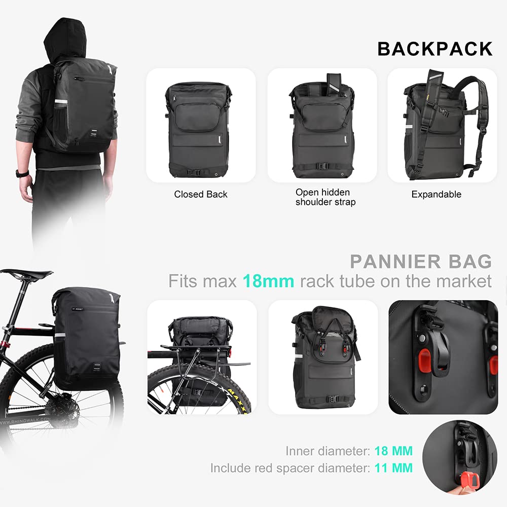 Rhinowalk Bike Pannier Bag 22L Waterproof Bicycle Bag Convertible - 2 in 1 Pannier Backpack Shoulder Bag Laptop Pannier Travel Bag Professional Cycling Accessories-Green