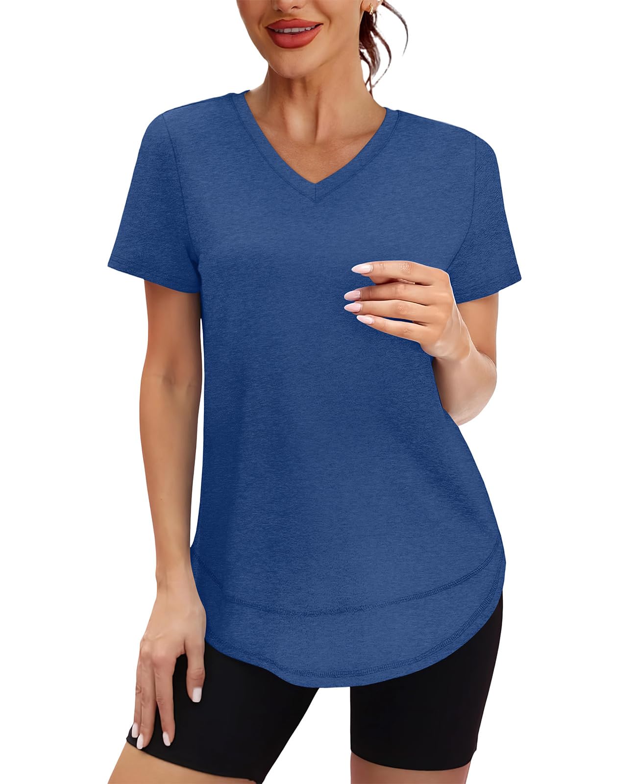 Short Sleeve Shirts for Women Workout Pilates Outfits Tennis Summer Tops 2026 Beach Vacation Clothes V Neck Blue M